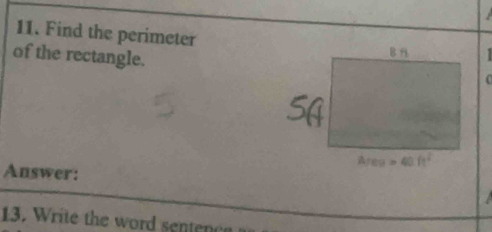 11. find the perimeter of the rectangle. answer: 13. write the word sen…
