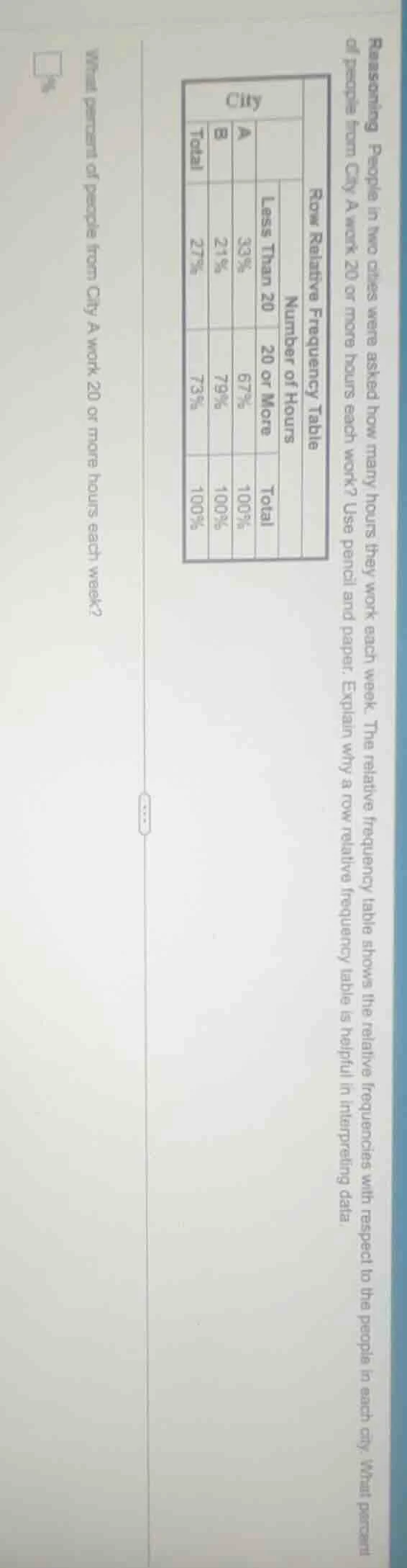 reasoning people in two cities were asked how many hours they work each…