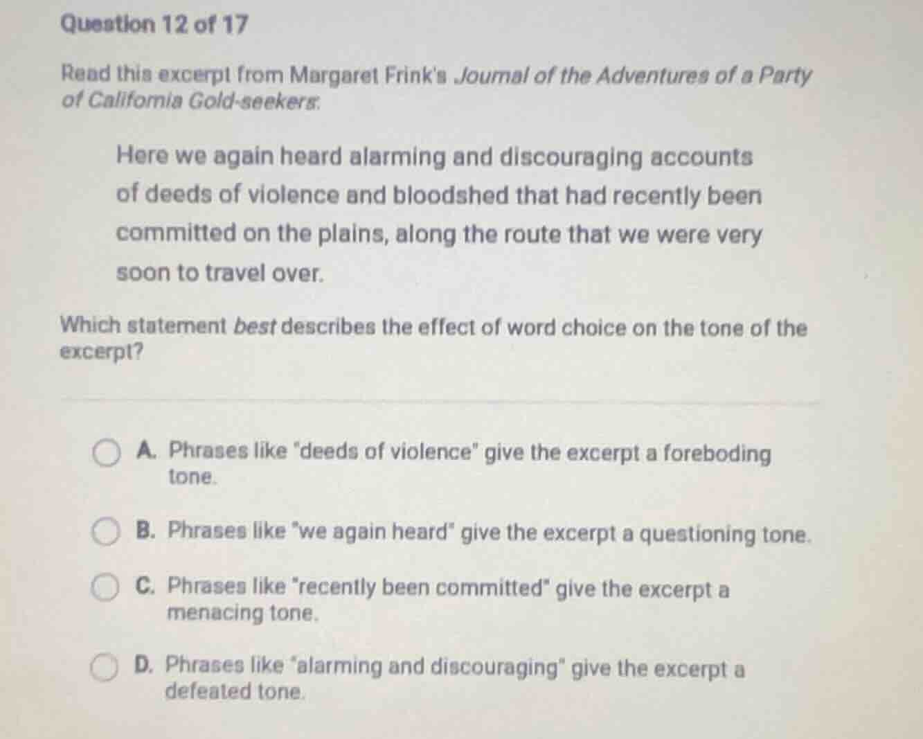 question 12 of 17 read this excerpt from margaret frinks journal of the…