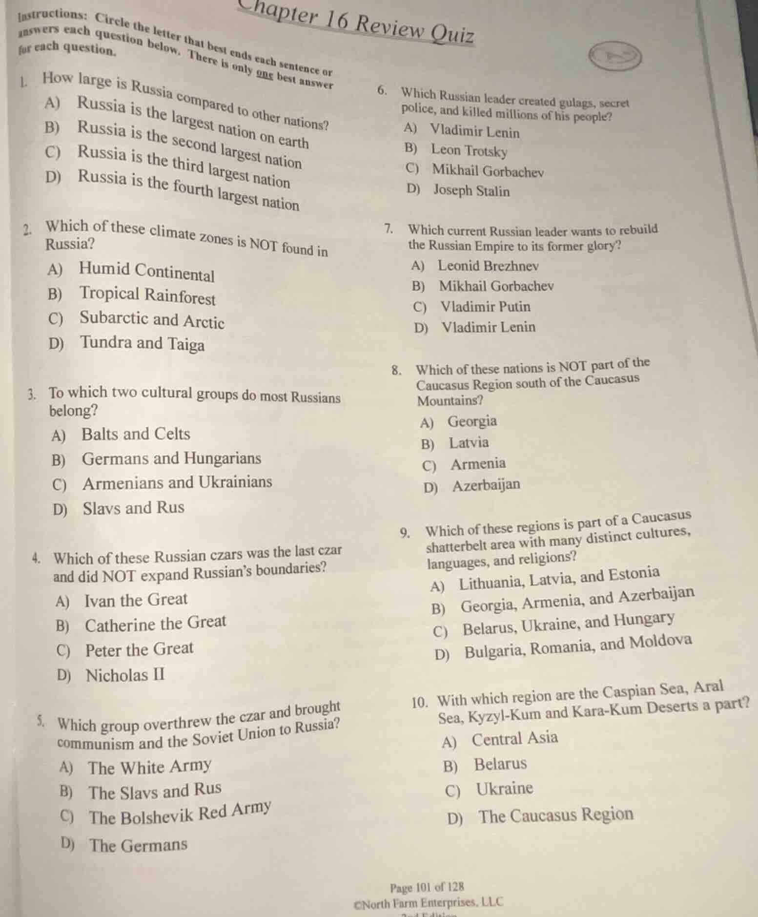 chapter 16 review quiz instructions: circle the letter that best ends e…
