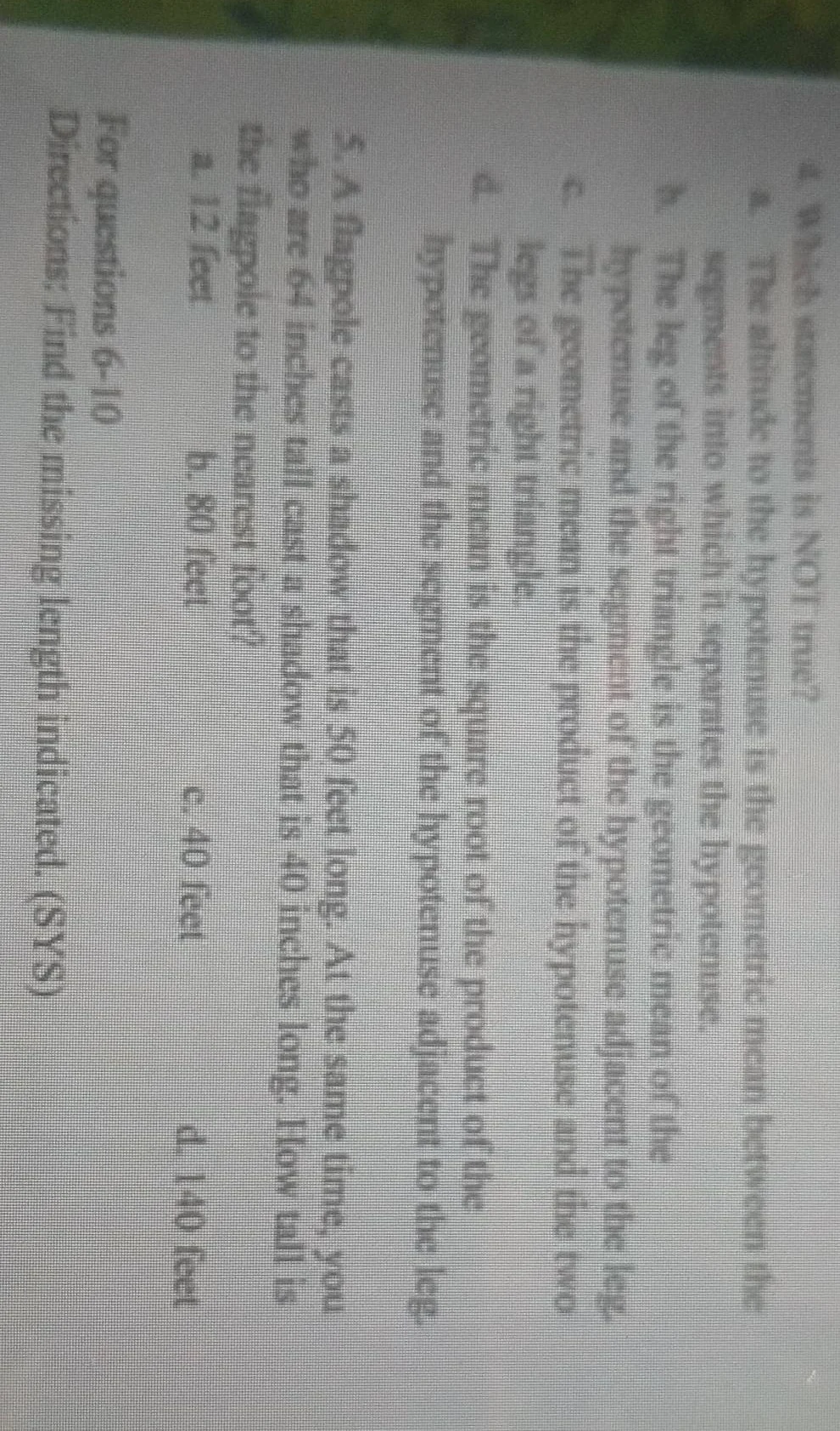 5. a flagpole casts a shadow that is 50 feet long. at the same time, yo…