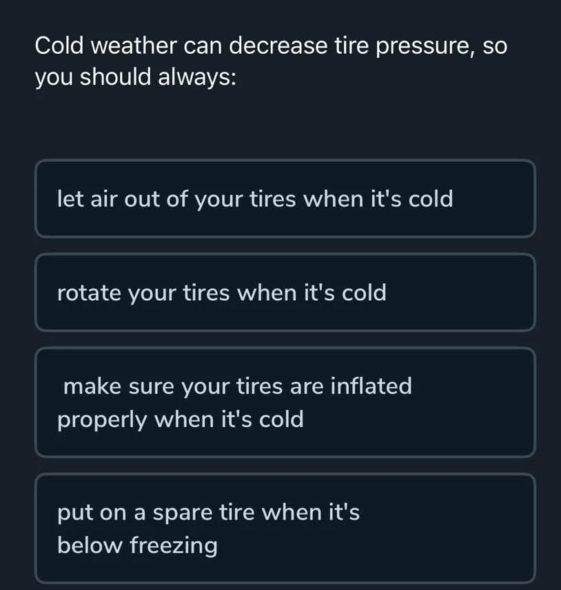 cold weather can decrease tire pressure, so you should always: let air …