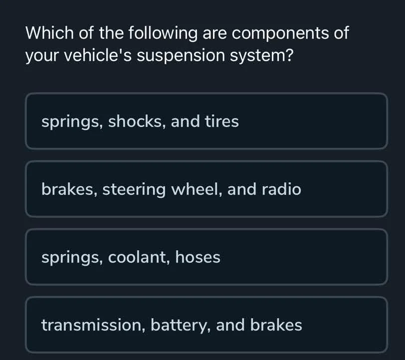 which of the following are components of your vehicles suspension syste…