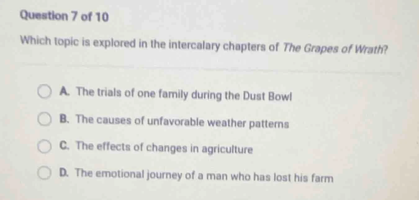 question 7 of 10 which topic is explored in the intercalary chapters of…