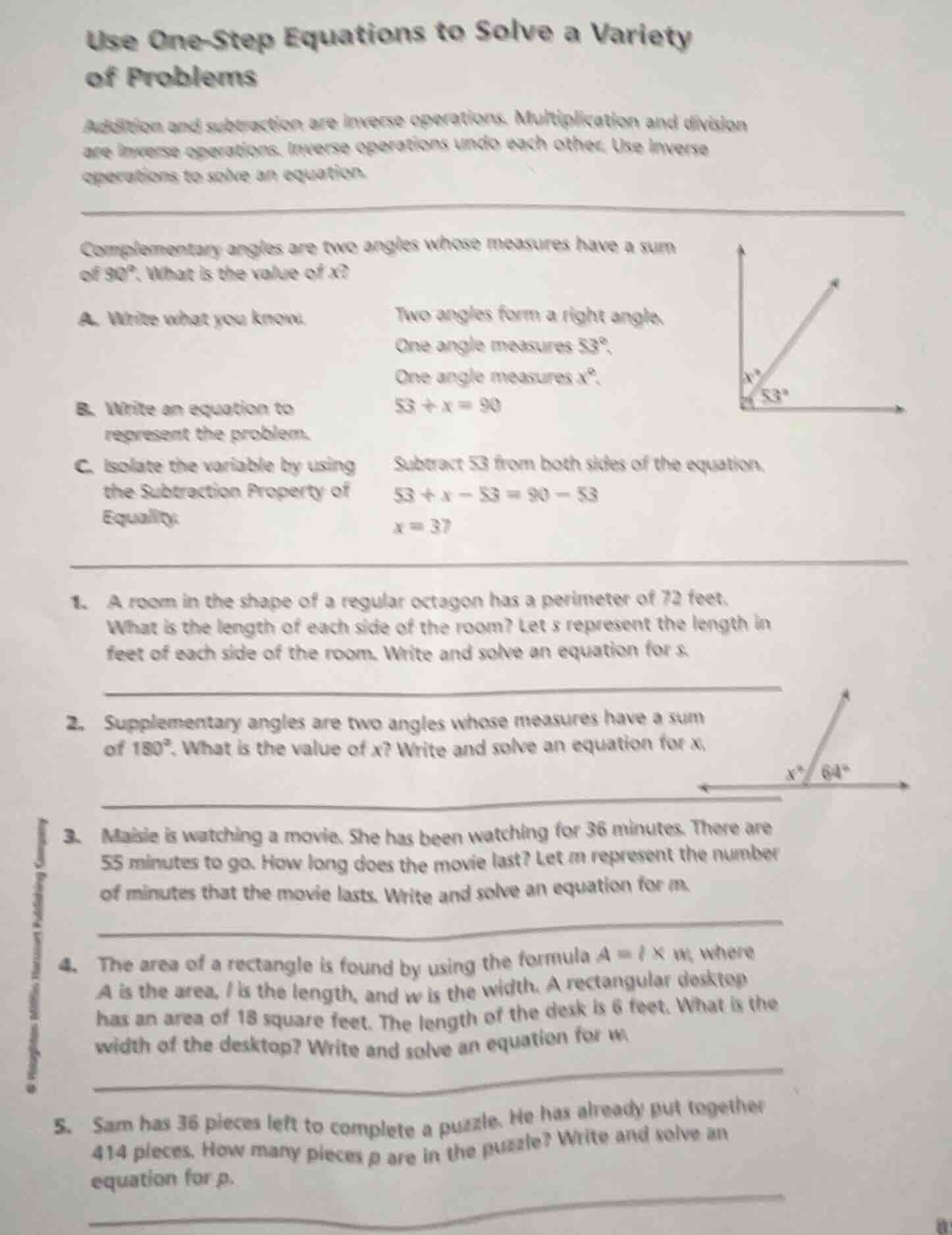 use one-step equations to solve a variety of problems addition and subt…