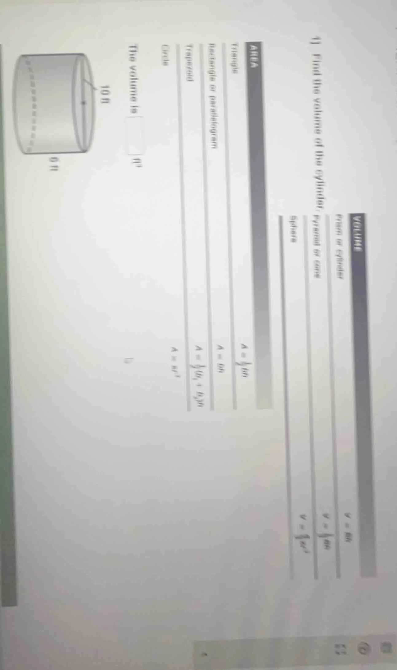 41 find the volume of the cylinder. the volume is (square) (ft^3)
