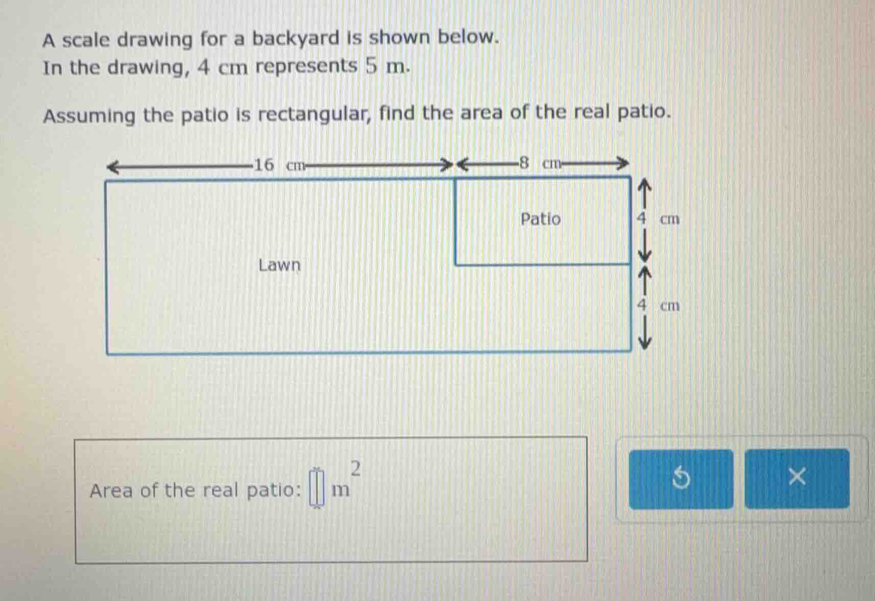 a scale drawing for a backyard is shown below. in the drawing, 4 cm rep…