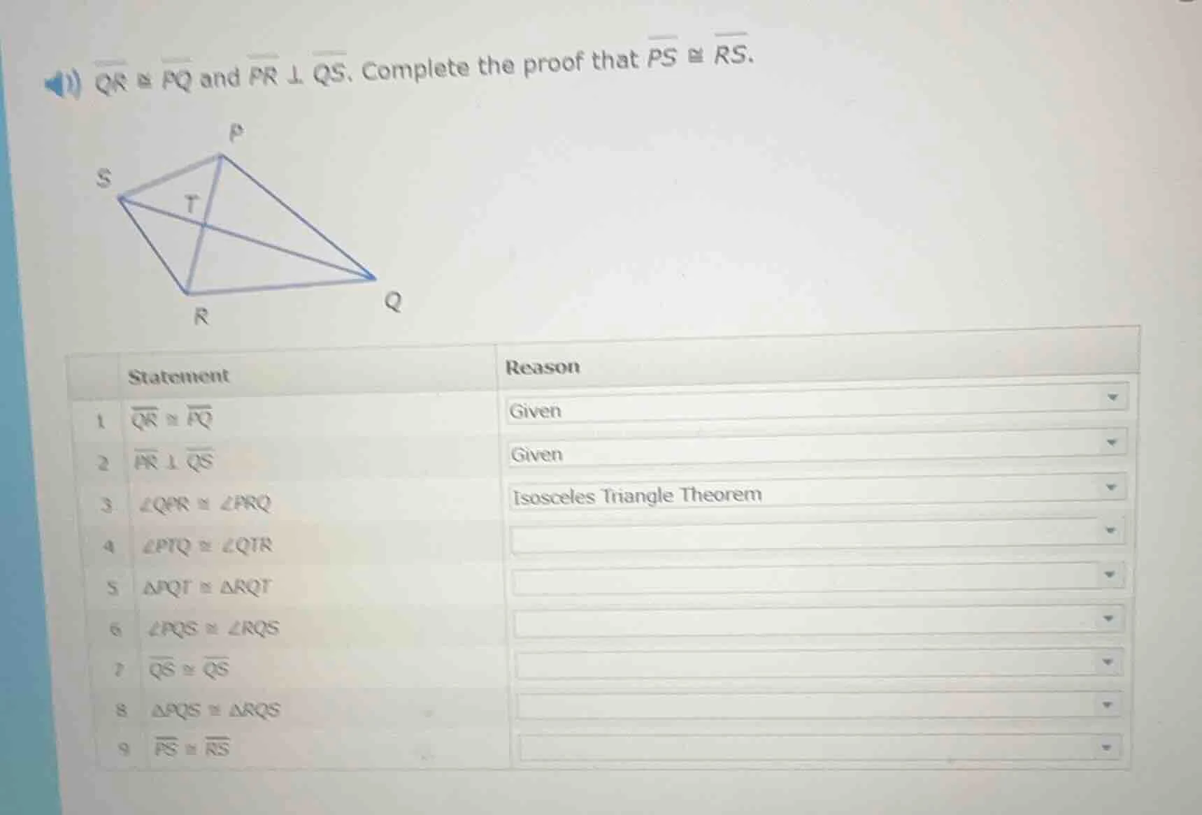 qr ≅ pq and pr ⊥ qs. complete the proof that ps ≅ rs. statement\treason…