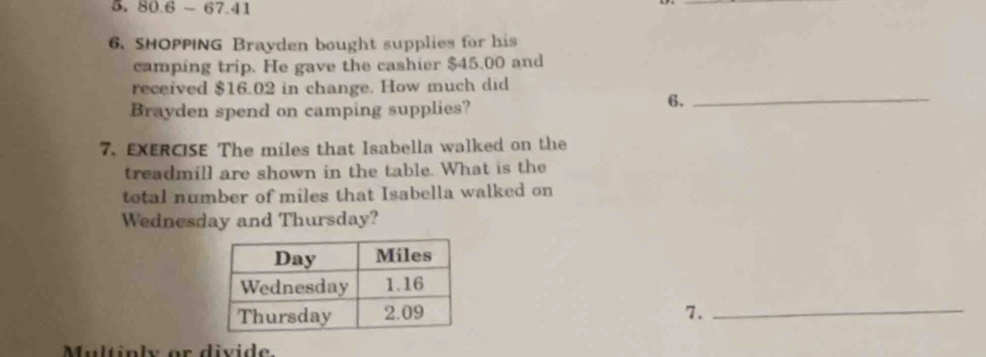 5. 80.6 - 67.41 6. shopping brayden bought supplies for his camping tri…