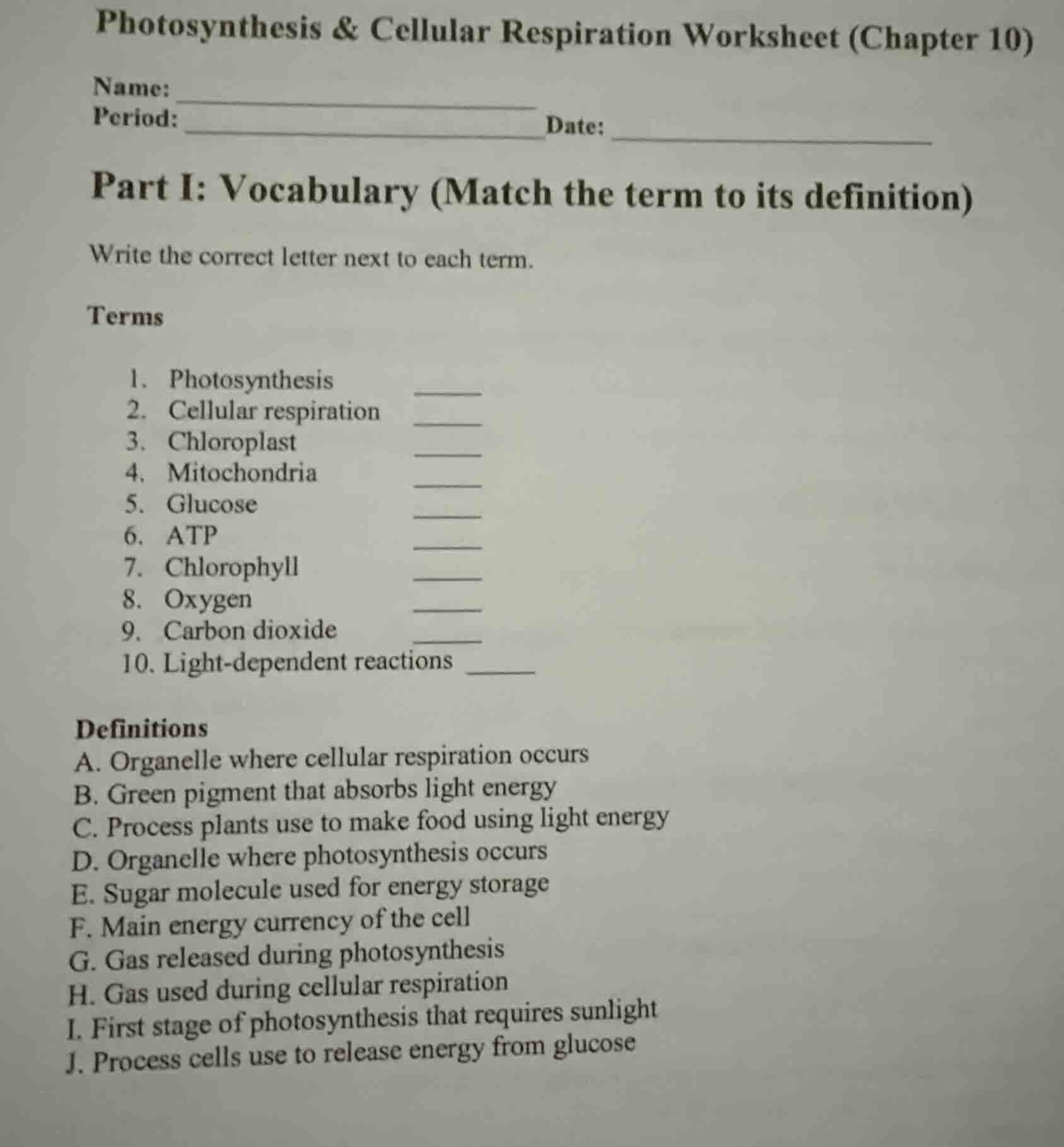 photosynthesis & cellular respiration worksheet (chapter 10) name: peri…