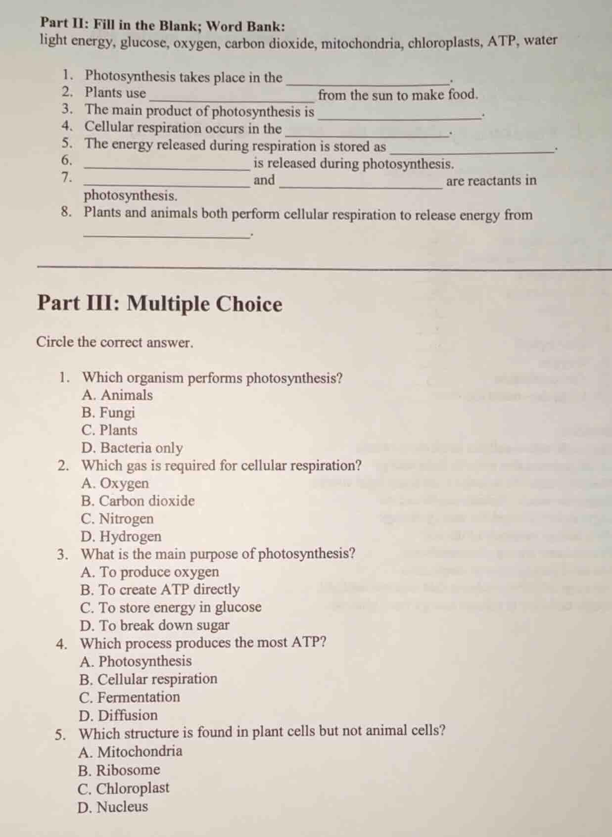 part ii: fill in the blank; word bank: light energy, glucose, oxygen, c…