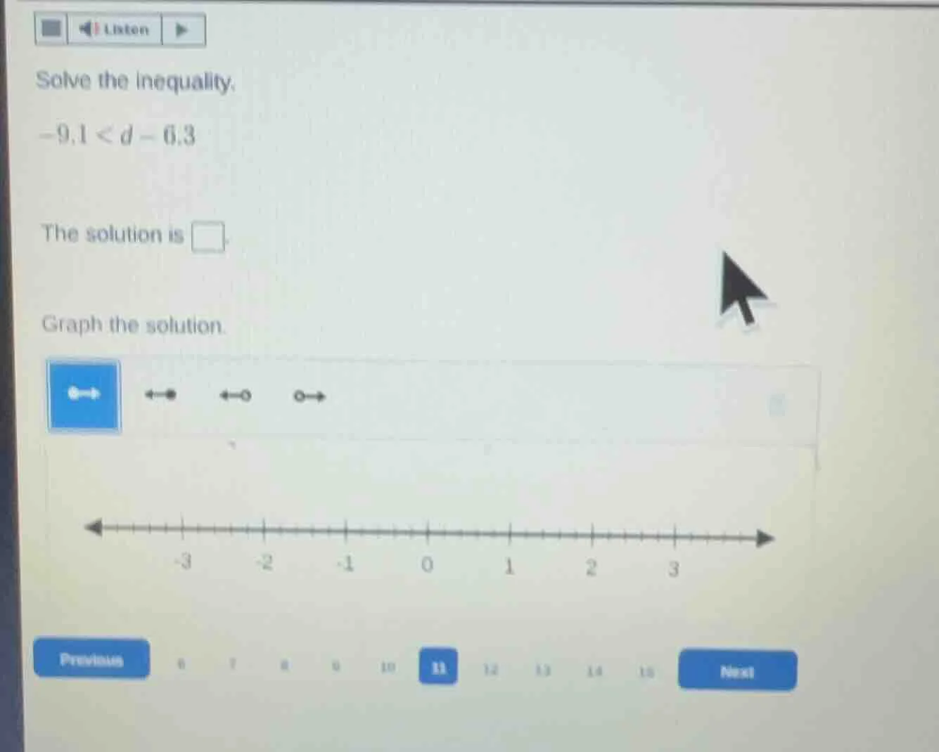 solve the inequality. -9.1 < d - 6.3 the solution is graph the solution.