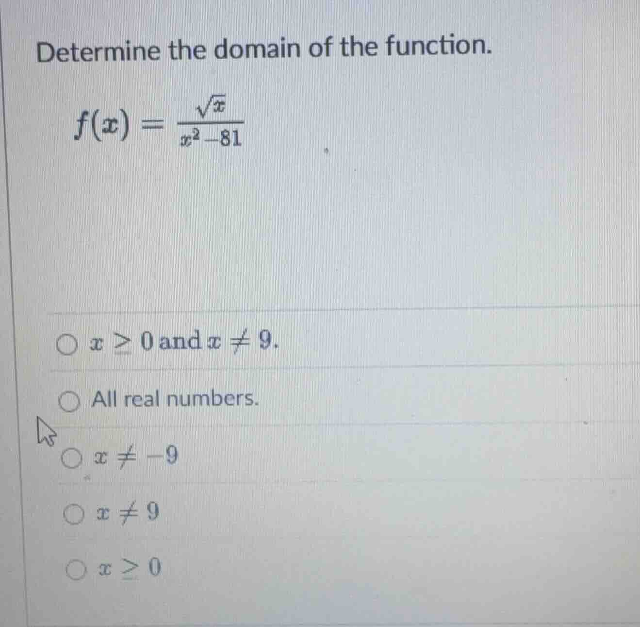 determine the domain of the function. $f(x) = \\frac{\\sqrt{x}}{x^2 - 8…