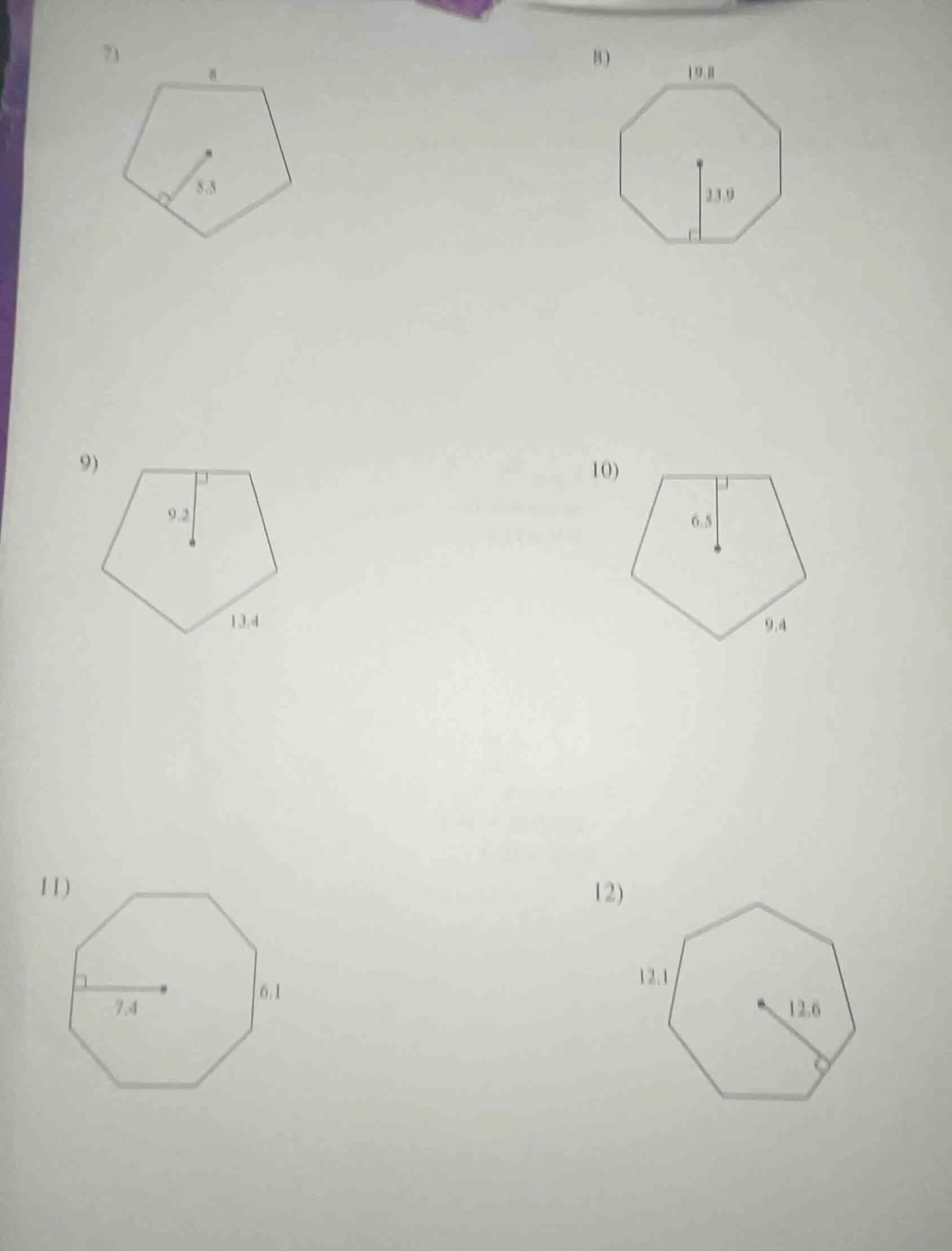 7) 8 8.8 8) 19.8 23.9 9) 9.2 13.4 10) 6.5 9.4 11) 7.4 6.1 12) 13.1 12.6