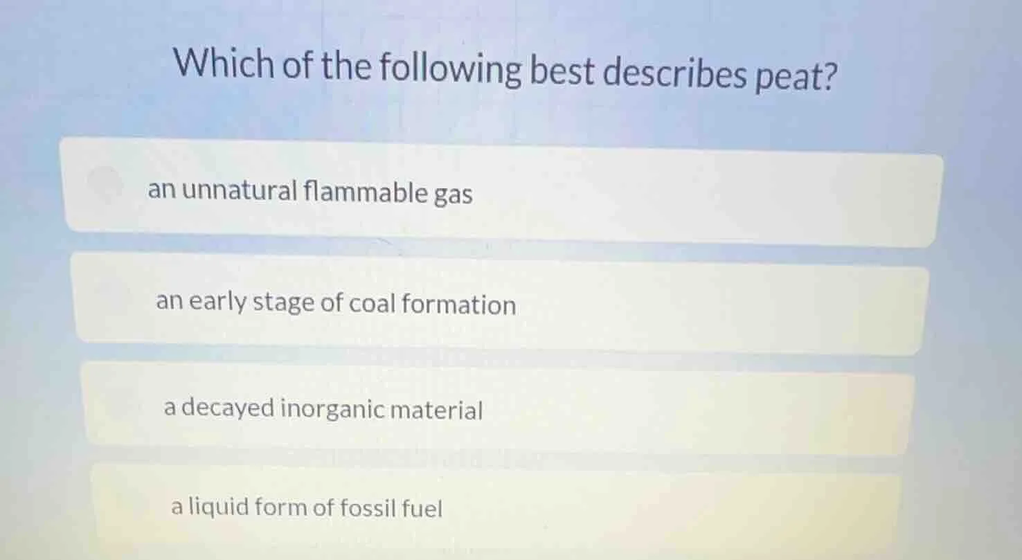 which of the following best describes peat? an unnatural flammable gas …
