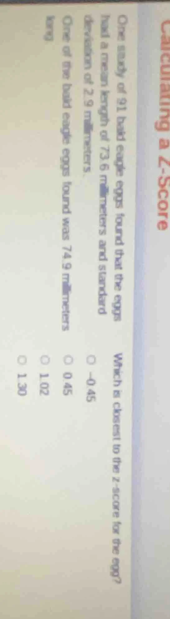 calculating a z - score one study of 91 bald eagle eggs found that the …