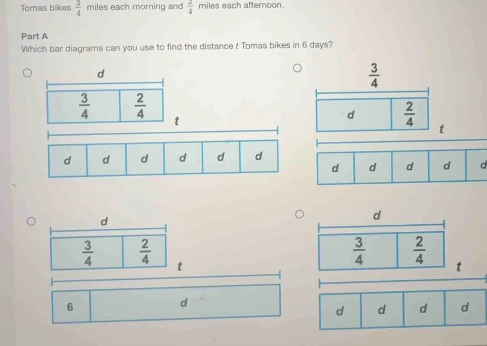 tomas bikes \\(\frac{3}{4}\\) miles each morning and \\(\frac{2}{4}\\) …