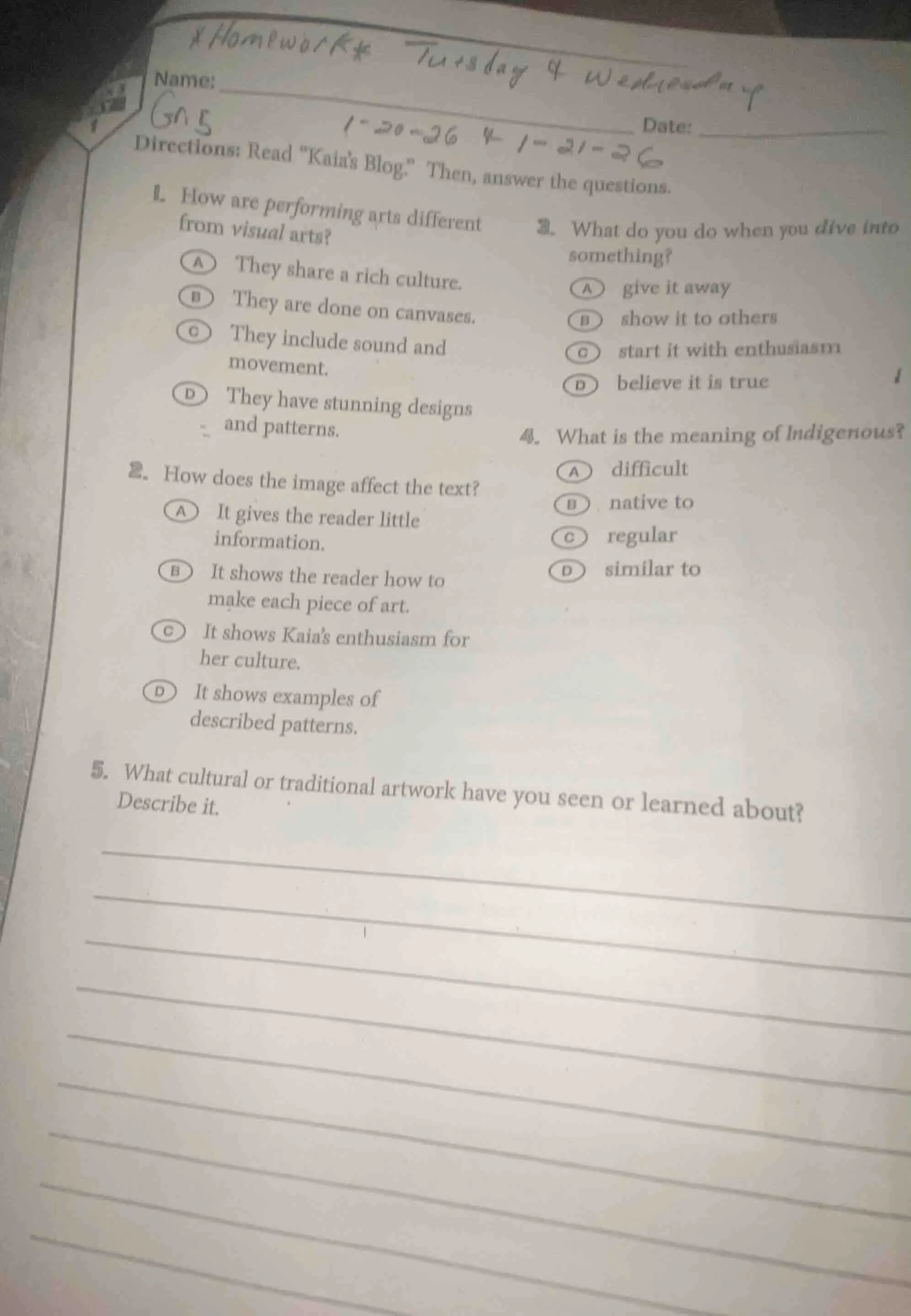 homework tuesday 4 wednesday name: date: directions: read \kaias blog.\…