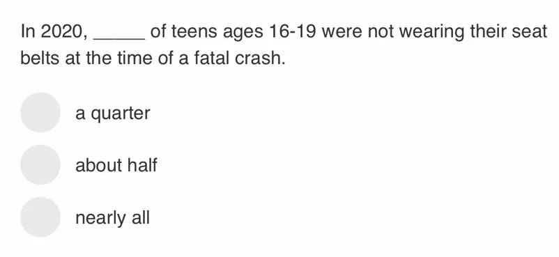 in 2020, ______ of teens ages 16 - 19 were not wearing their seat belts…