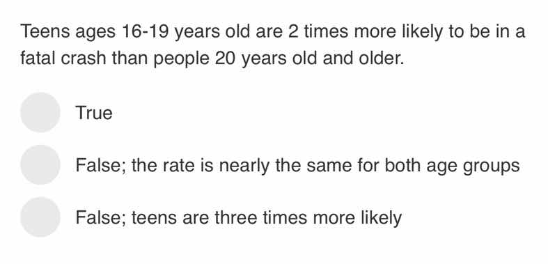 teens ages 16-19 years old are 2 times more likely to be in a fatal cra…