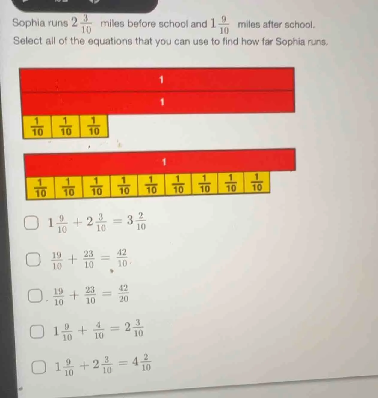 sophia runs $2\\frac{3}{10}$ miles before school and $1\\frac{9}{10}$ m…