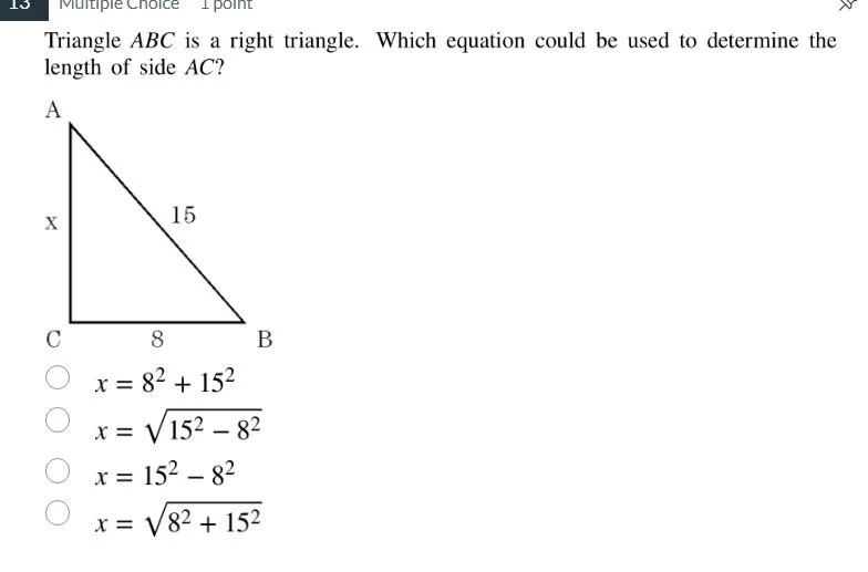 triangle abc is a right triangle. which equation could be used to deter…