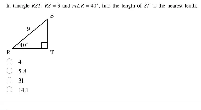 in triangle rst, rs = 9 and m∠r = 40°, find the length of \\(\\overline…