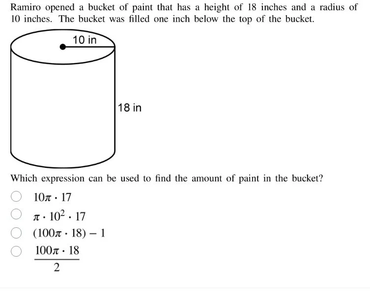 ramiro opened a bucket of paint that has a height of 18 inches and a ra…