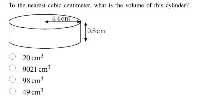 to the nearest cubic centimeter, what is the volume of this cylinder? 2…