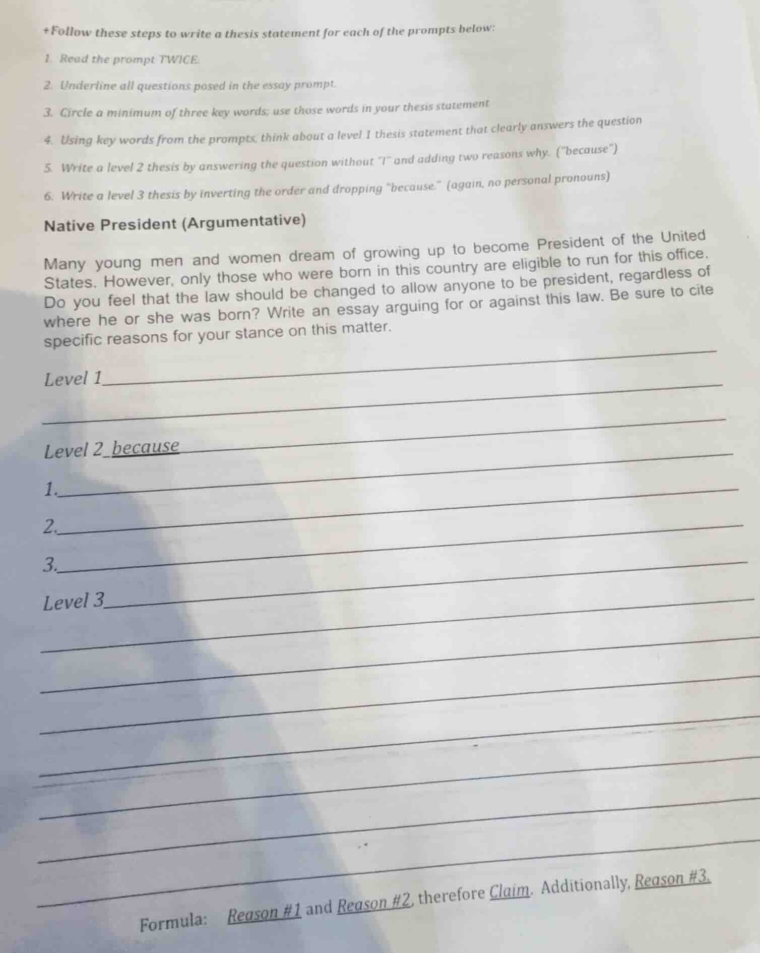 +follow these steps to write a thesis statement for each of the prompts…