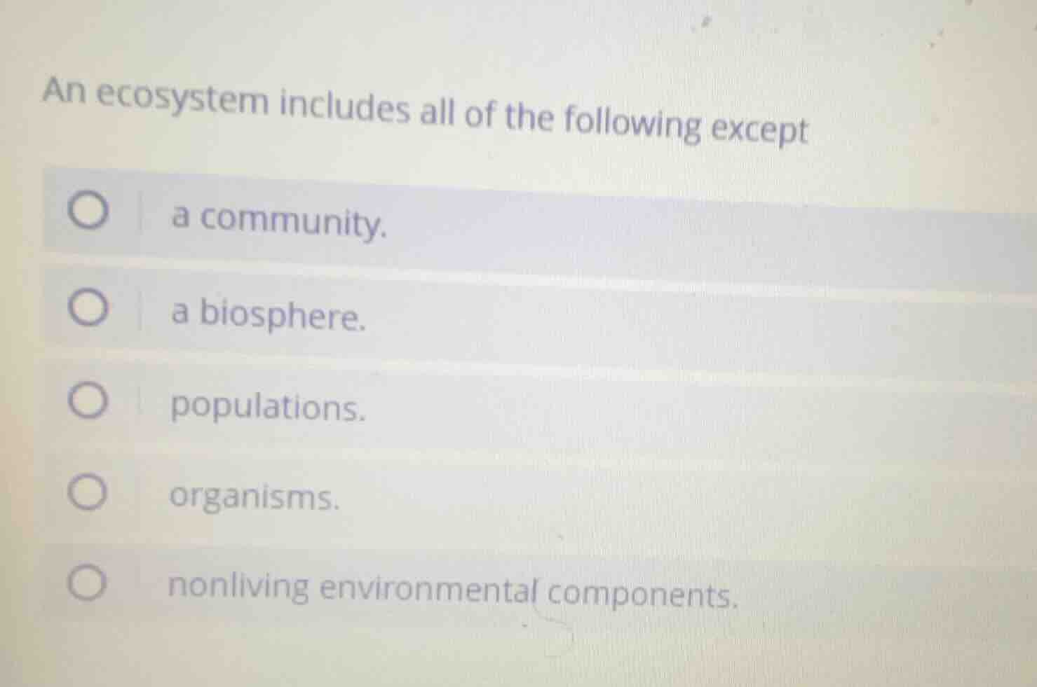 an ecosystem includes all of the following except a community. a biosph…