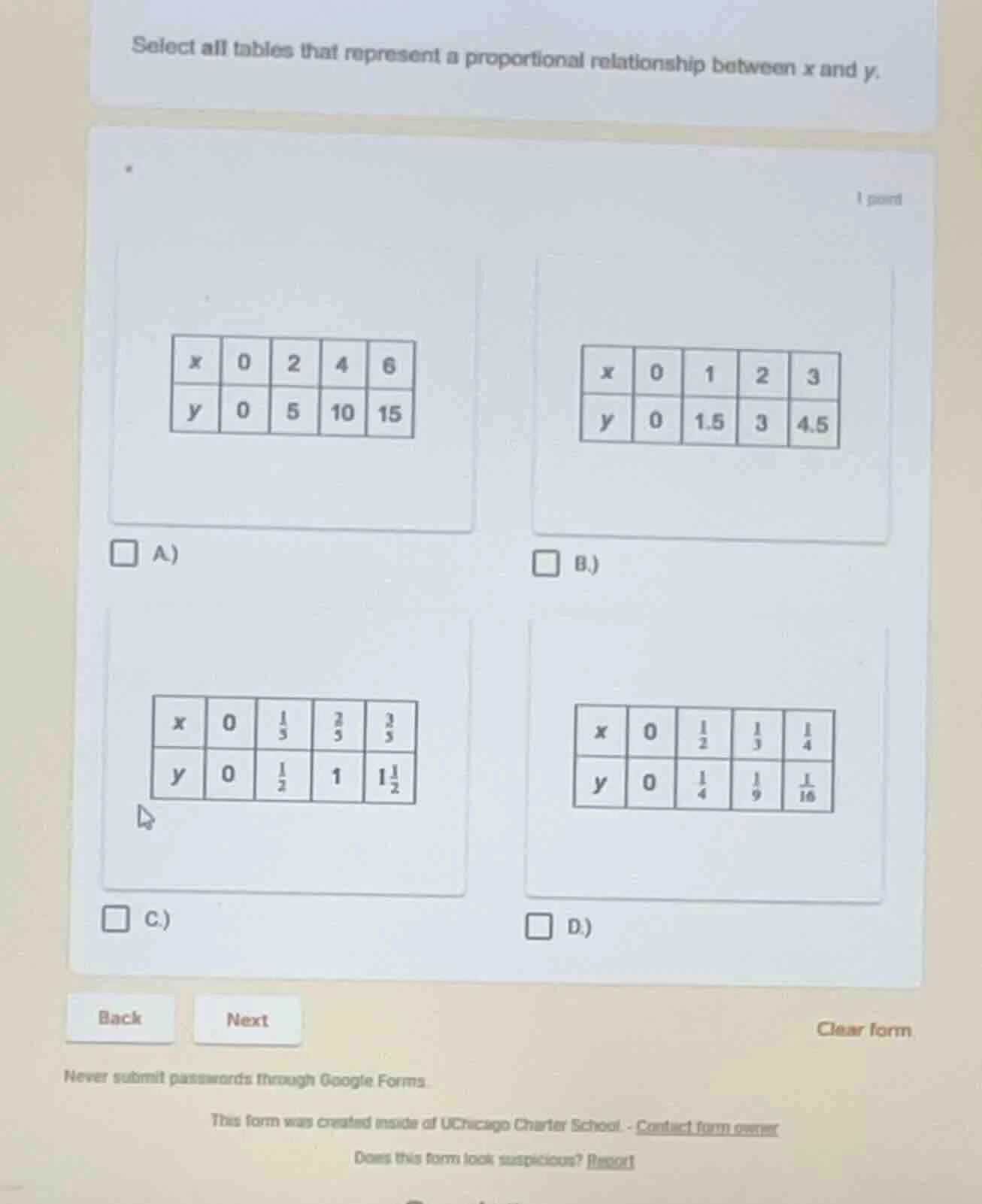 select all tables that represent a proportional relationship between x …