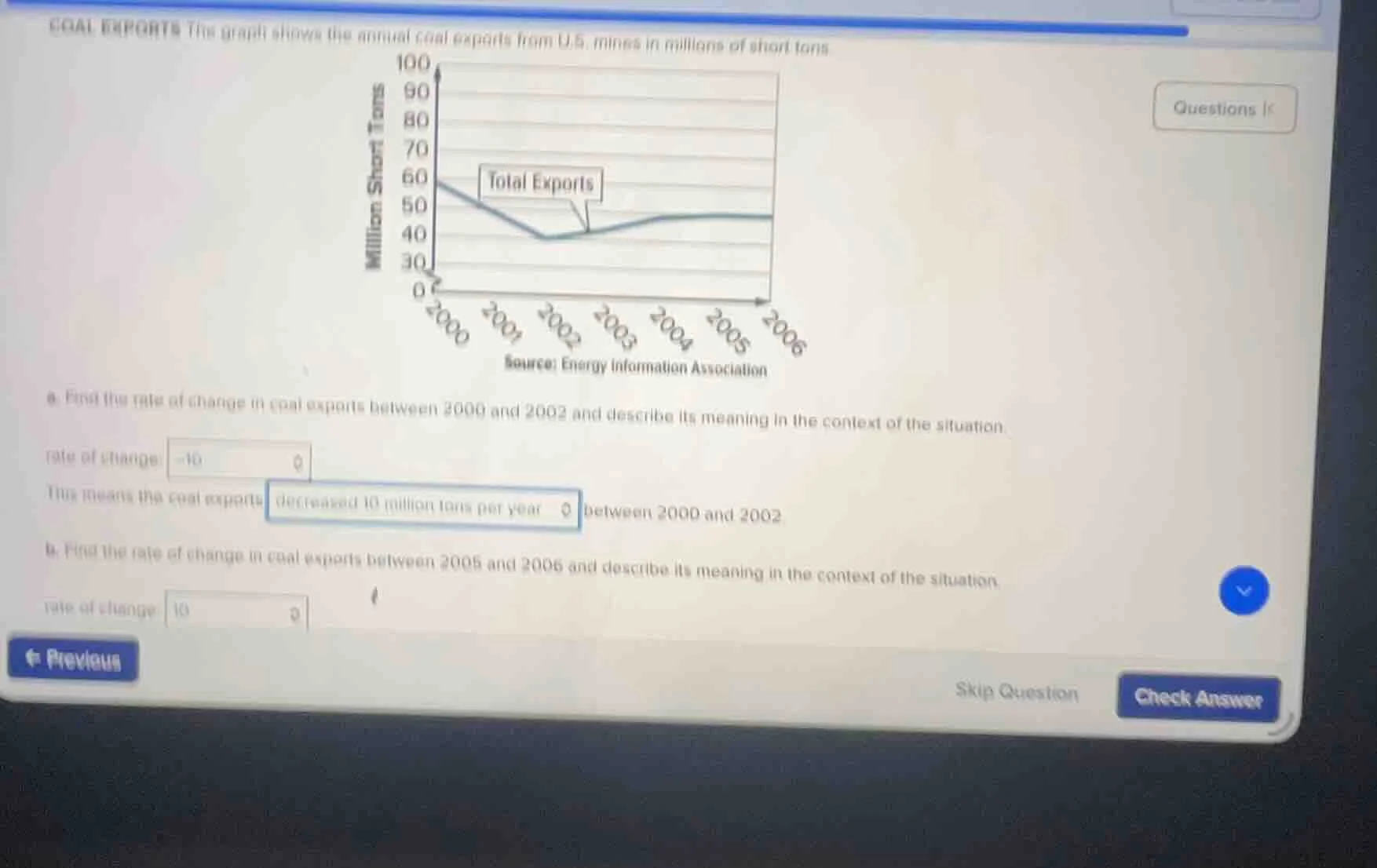 coal exports the graph shows the annual coal exports from u.s. mines in…
