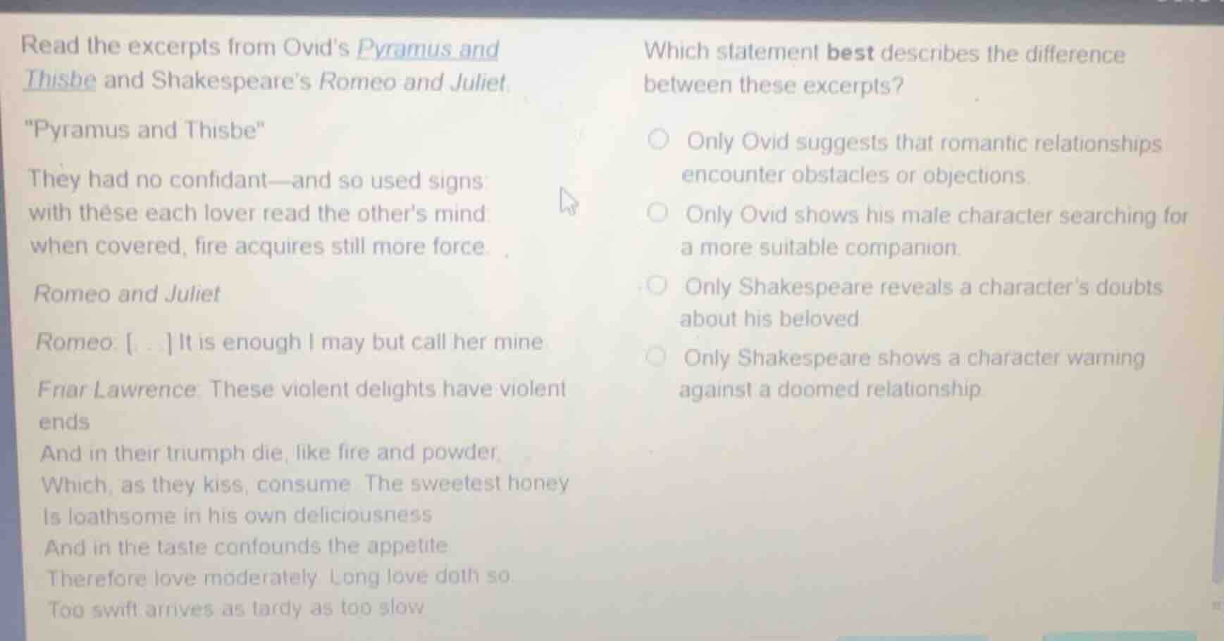 read the excerpts from ovids pyramus and thisbe and shakespeares romeo …