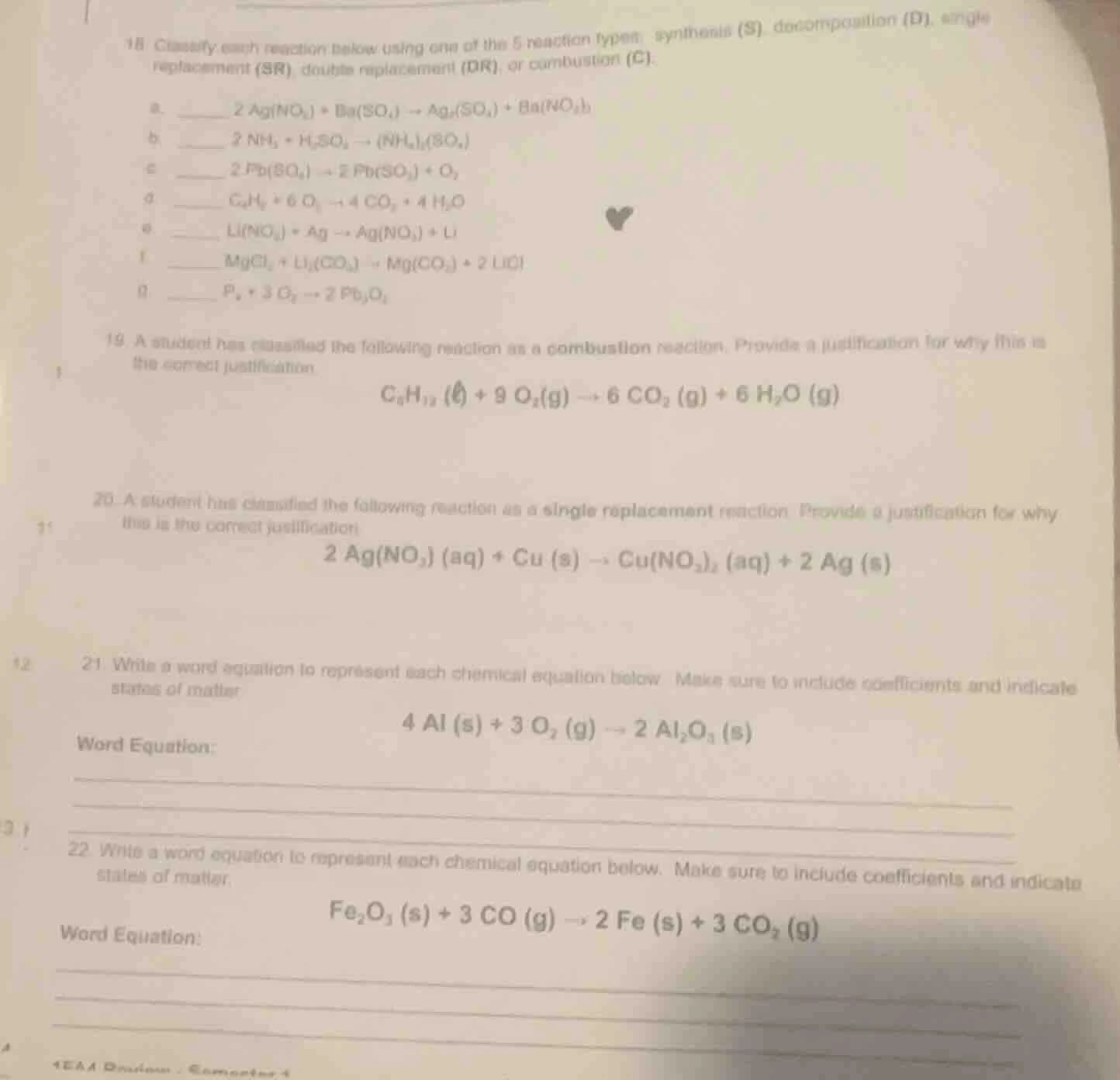 18. classify each reaction below using one of the 5 reaction types: syn…