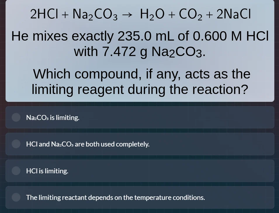 2hcl + na₂co₃ → h₂o + co₂ + 2nacl he mixes exactly 235.0 ml of 0.600 m …