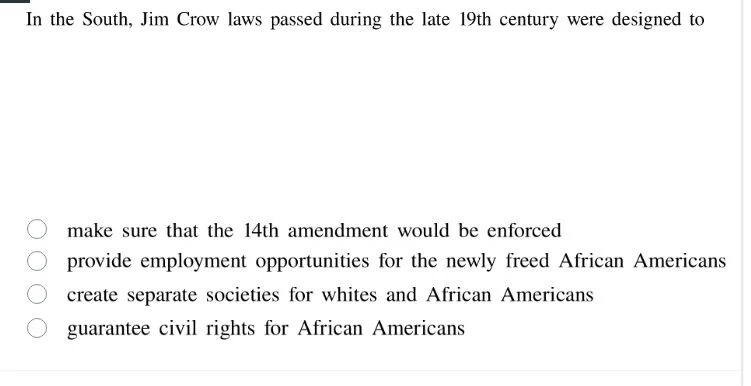 in the south, jim crow laws passed during the late 19th century were de…