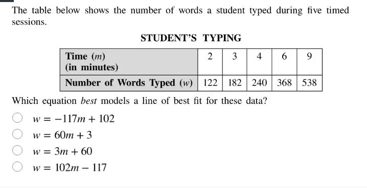 the table below shows the number of words a student typed during five t…