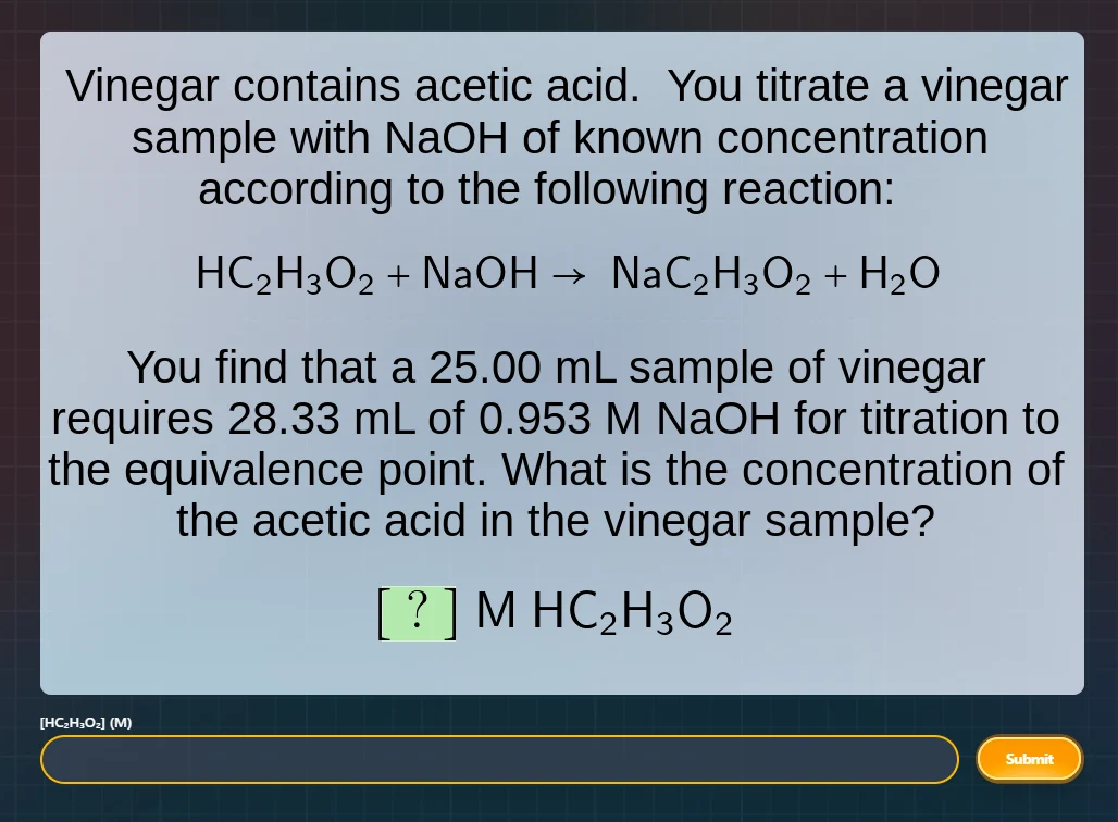 vinegar contains acetic acid. you titrate a vinegar sample with naoh of…