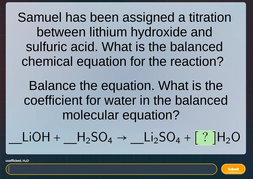 samuel has been assigned a titration between lithium hydroxide and sulf…