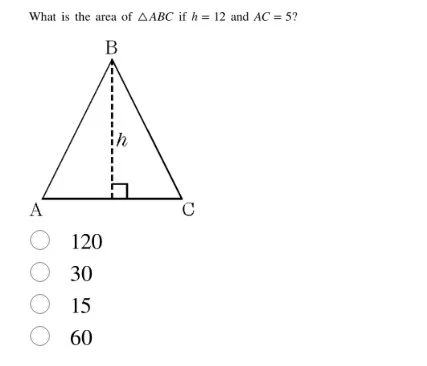 what is the area of $\\triangle abc$ if $h = 12$ and $ac = 5$? (options…