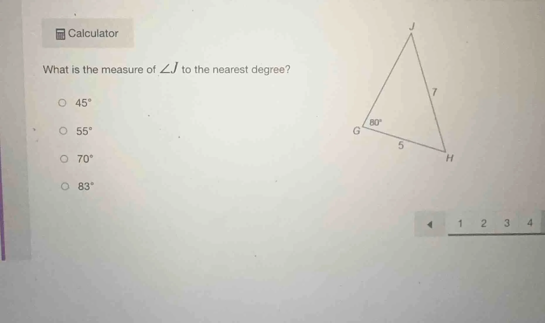 calculator what is the measure of ∠j to the nearest degree? 45° 55° 70°…