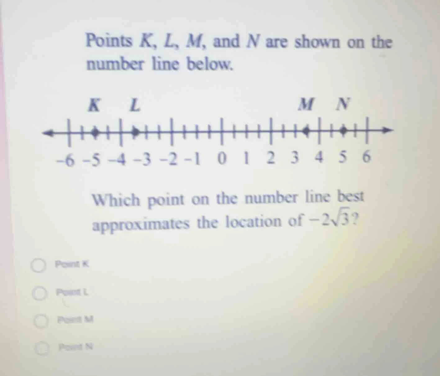 points k, l, m, and n are shown on the number line below. which point o…