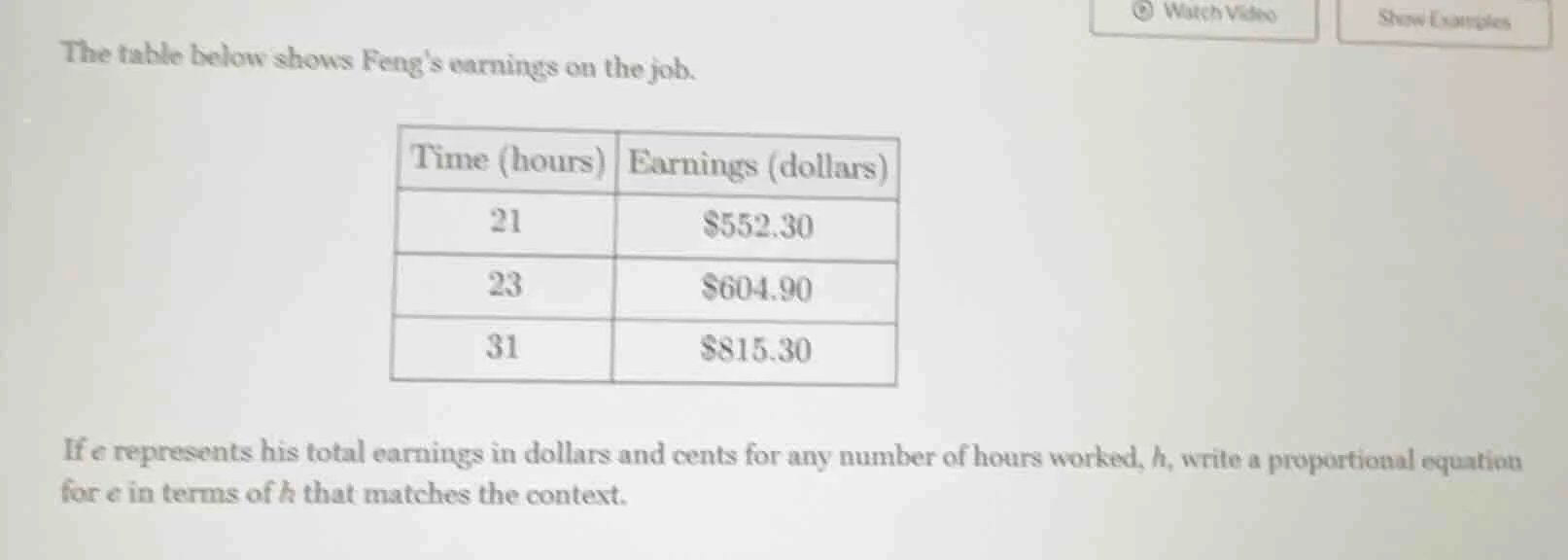 the table below shows fengs earnings on the job. time (hours) | earning…