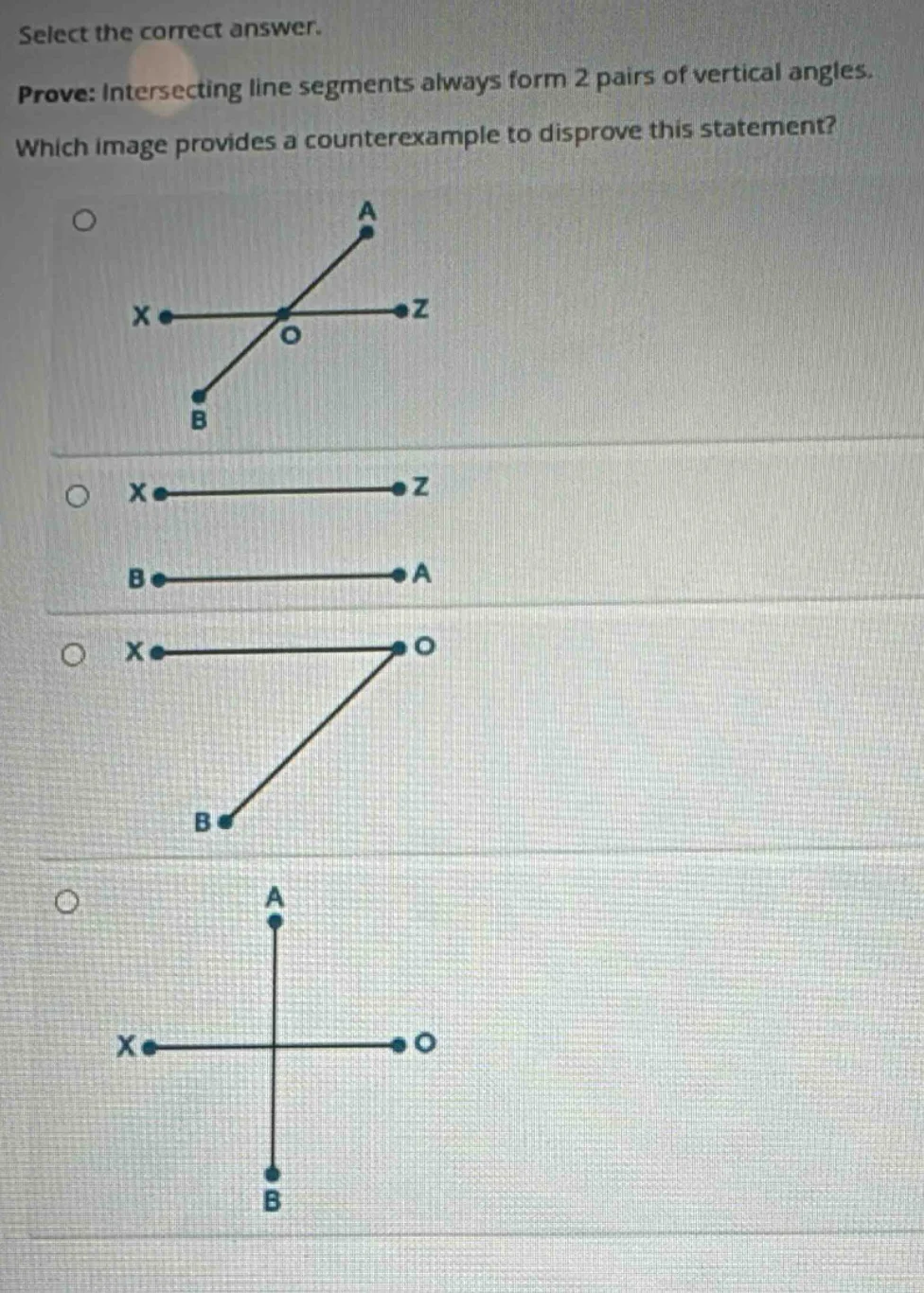 select the correct answer. prove: intersecting line segments always for…