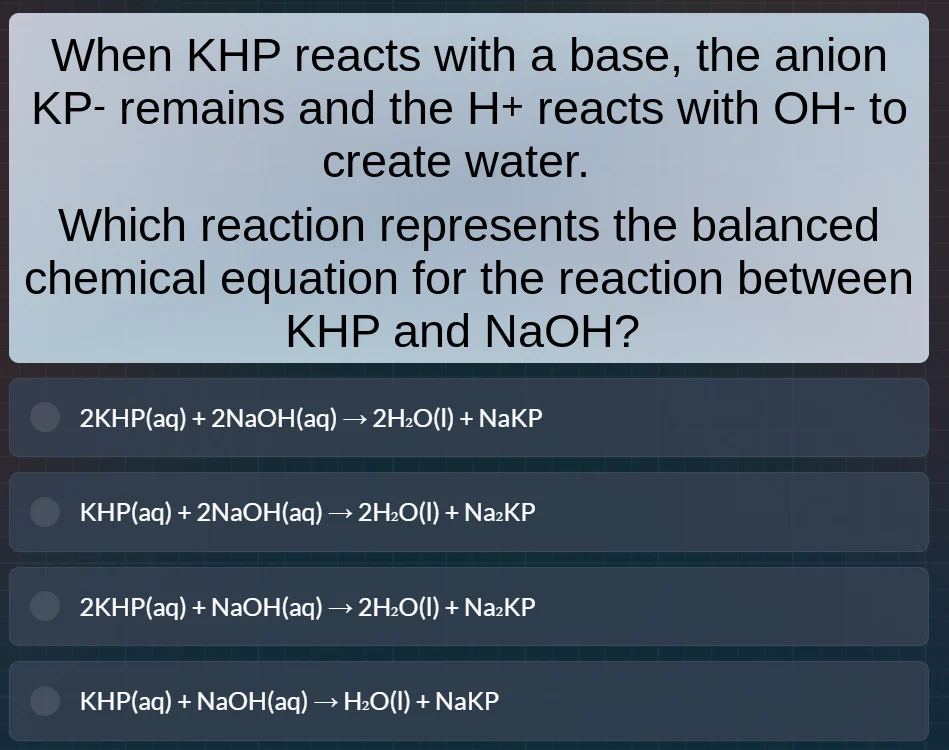 when khp reacts with a base, the anion kp- remains and the h+ reacts wi…