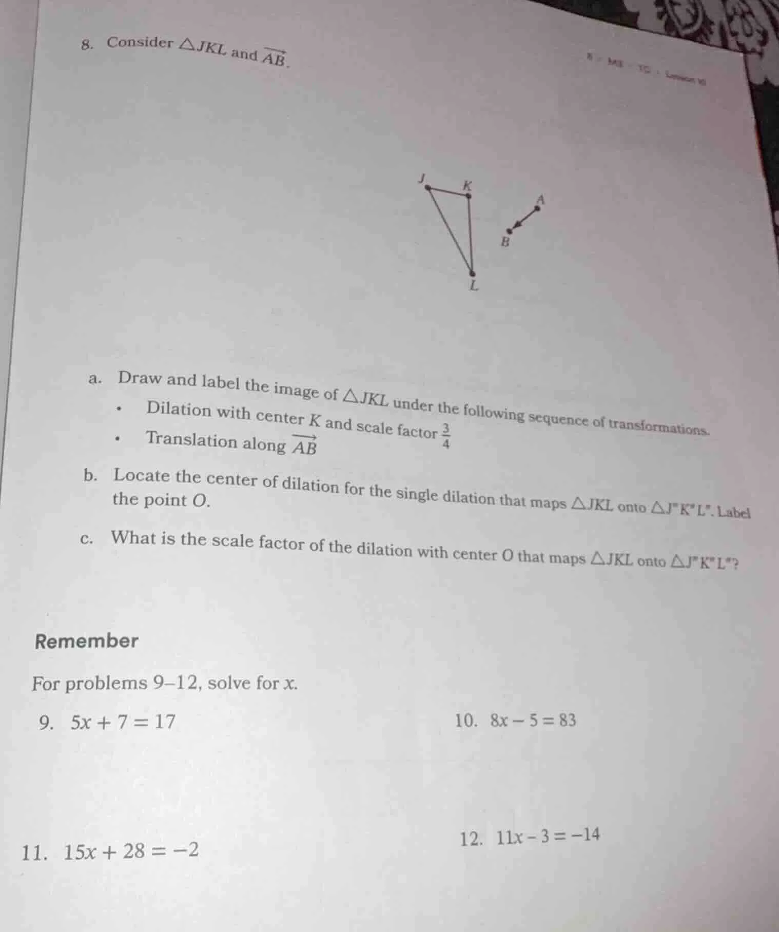 8. consider $\\triangle jkl$ and $\\overrightarrow{ab}$. a. draw and la…