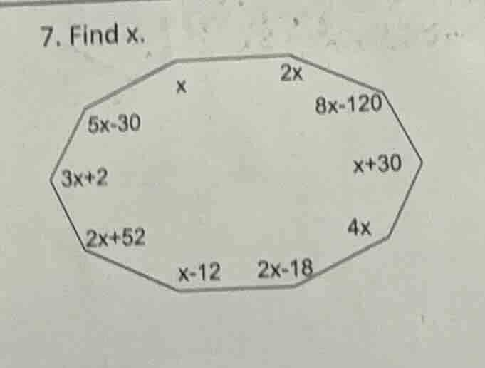 7. find x. the figure is a nonagon (9 - sided polygon) with the followi…
