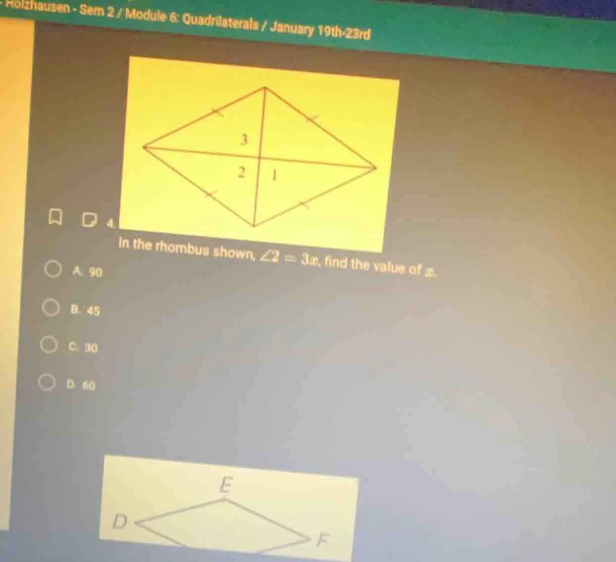 4. in the rhombus shown, $\\angle 2 = 3x$, find the value of $x$. \ \\b…