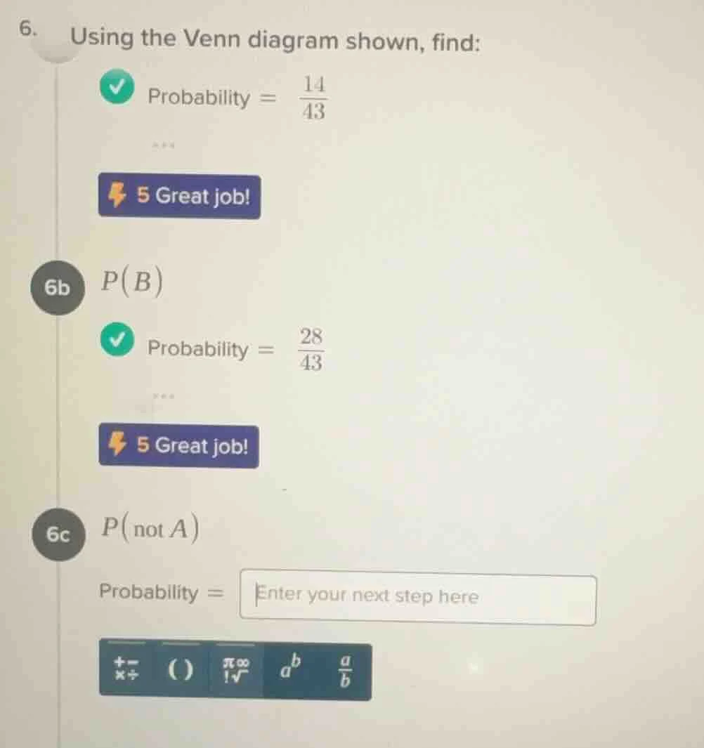 6. using the venn diagram shown, find: probability = \\(\frac{14}{43}\\…